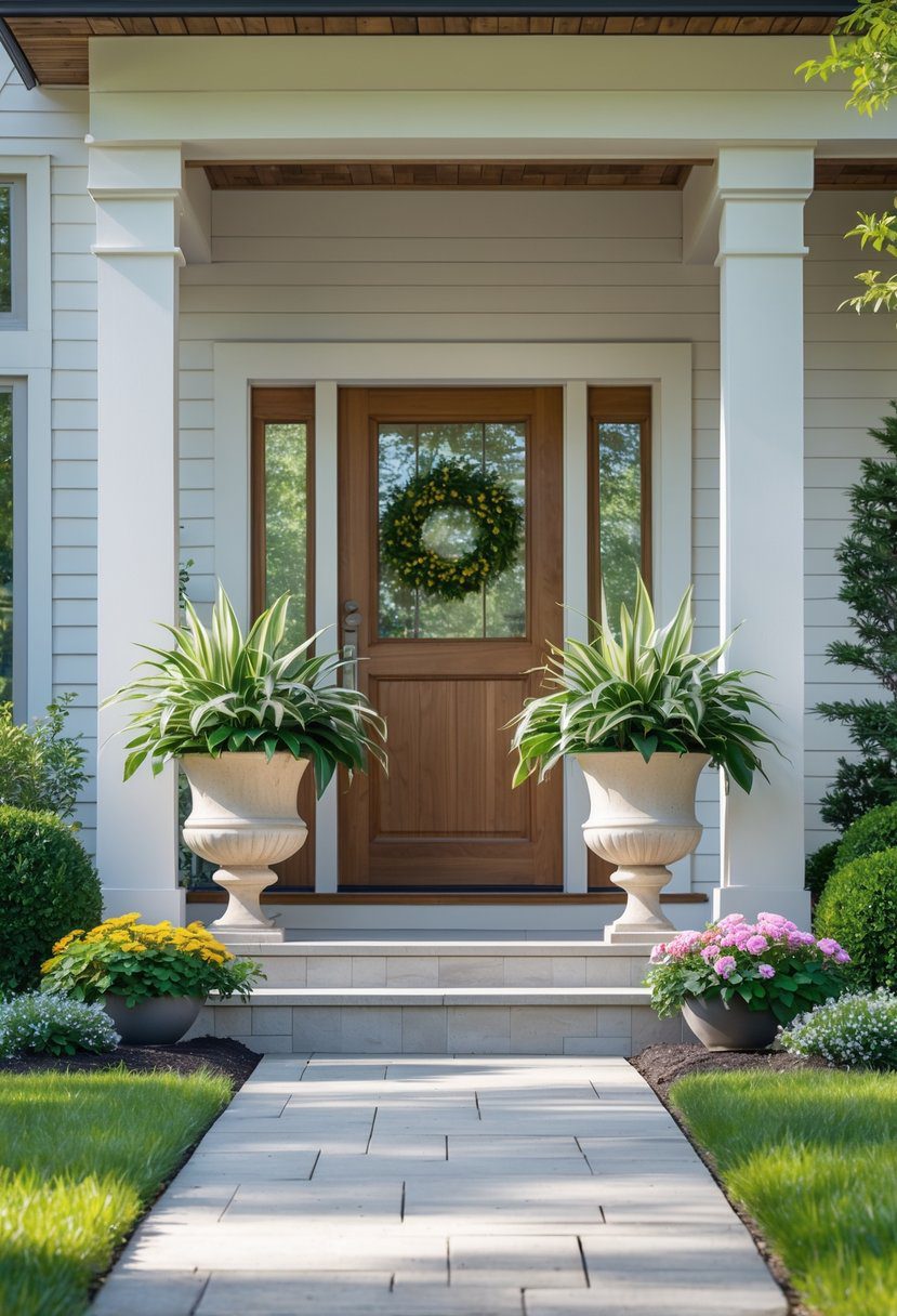 Front yard with decorative planters filled with plants near the entrance of a house.