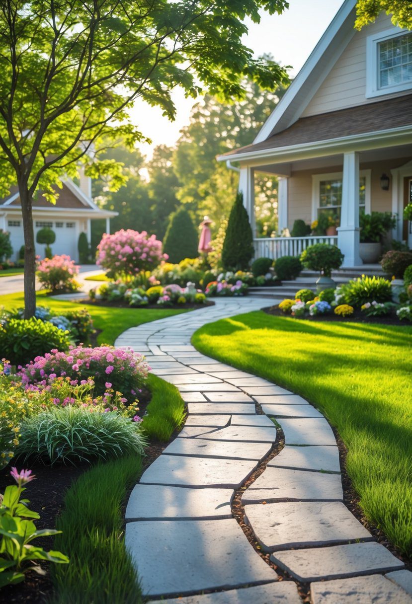 A front yard with a curved stone pathway surrounded by green grass, colorful flowers, shrubs, and small trees leading to a house.