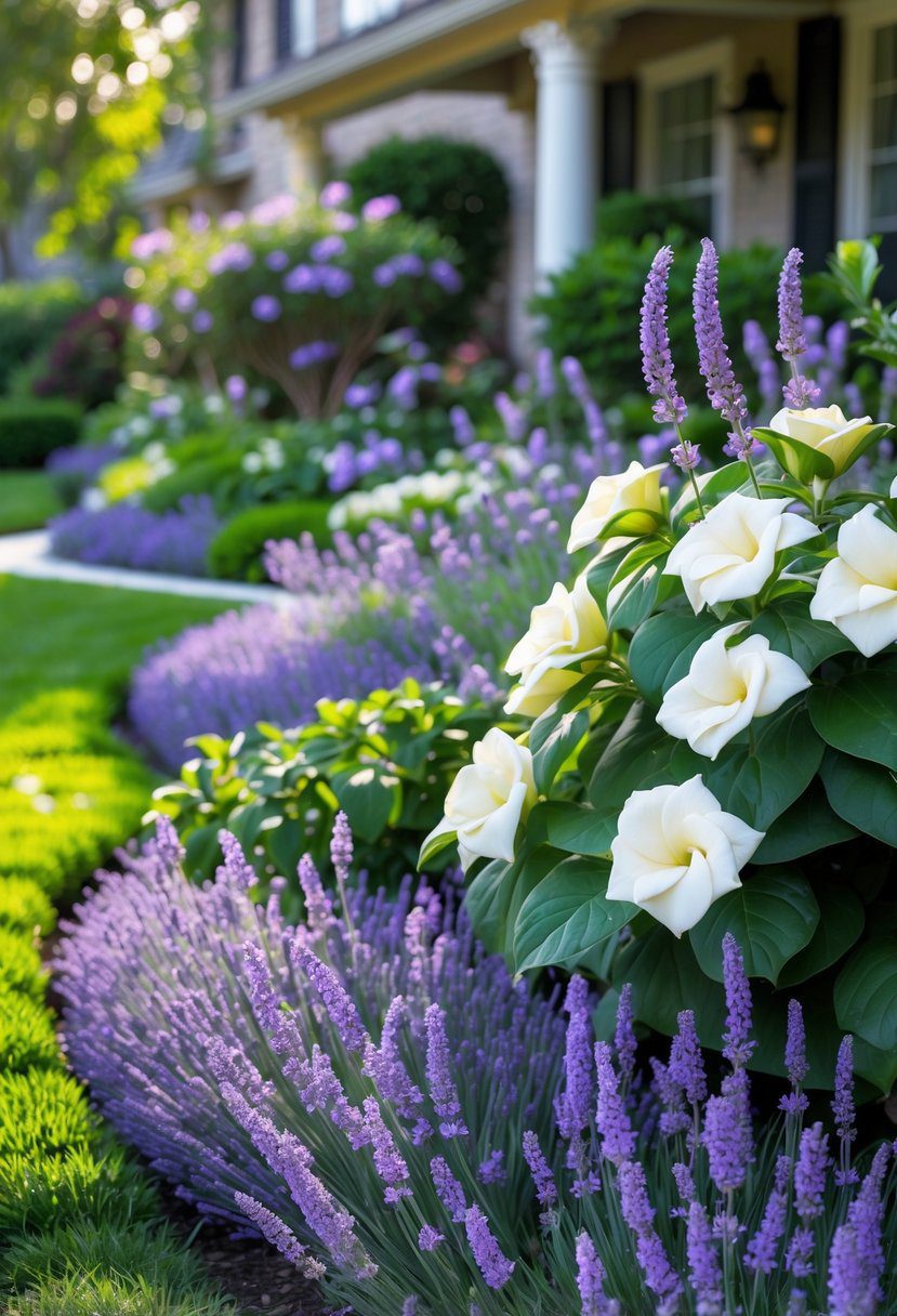 A front yard garden with blooming lavender and gardenia plants, green lawn, and a winding pathway.