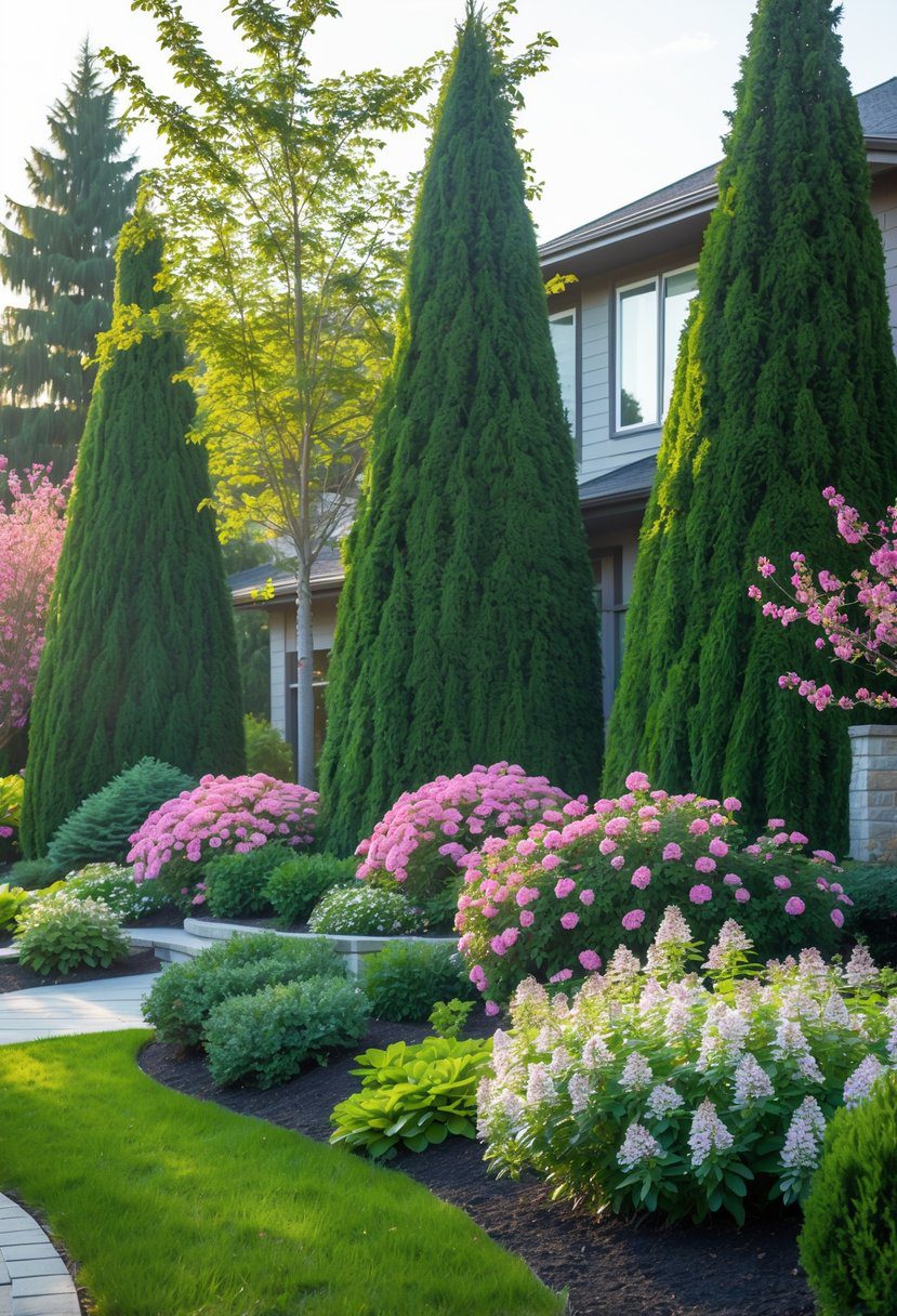 A front yard with green evergreen trees and colorful flowering shrubs arranged around a stone pathway leading to a house.