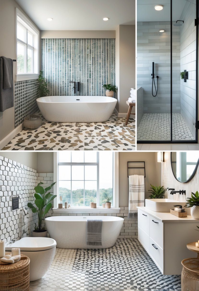 A modern bathroom interior displaying various tile designs on walls and floors around a bathtub, shower, and vanity.