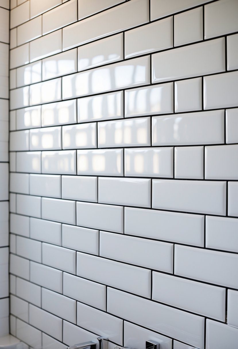 Close-up view of a bathroom wall covered with white rectangular tiles and dark grout lines.