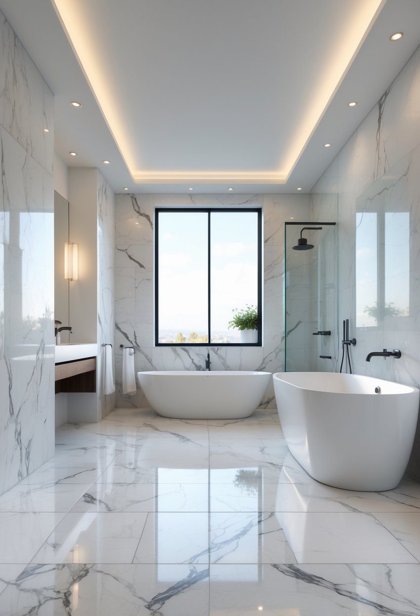 A modern bathroom with large marble tiles on the floor and walls, featuring a freestanding bathtub and a glass shower.