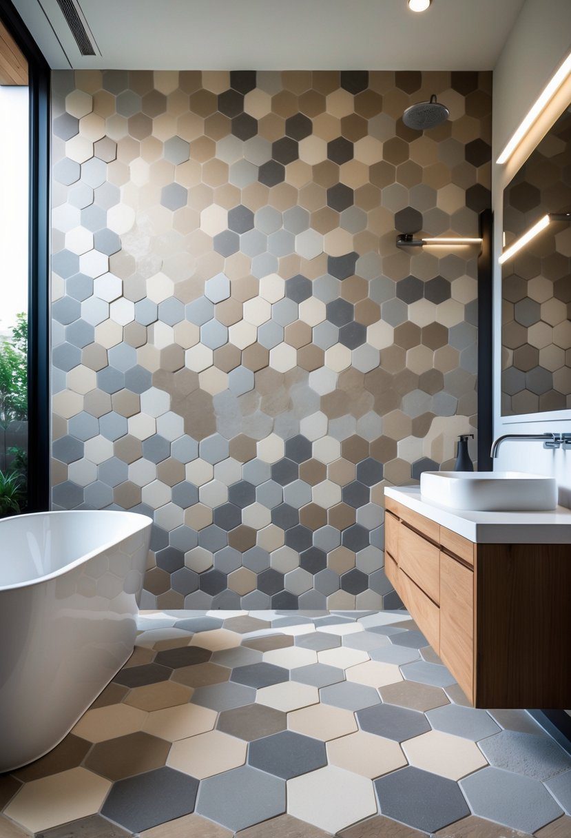 Bathroom interior with hexagonal ceramic tiles in muted tones on the floor and walls, featuring a bathtub and a wooden vanity.