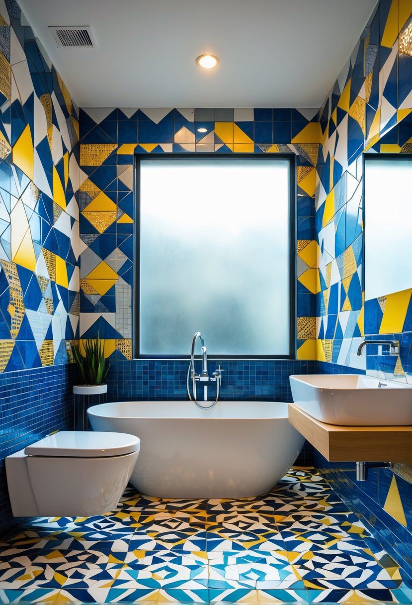 A modern bathroom with colorful geometric mosaic tiles on the walls and floor, featuring a bathtub, sink, and a large mirror.