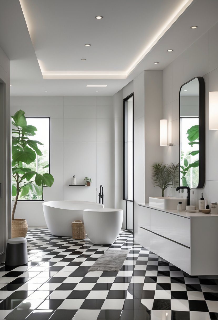 Bathroom with black and white checkerboard floor tiles, a white bathtub, and a vanity with a mirror.