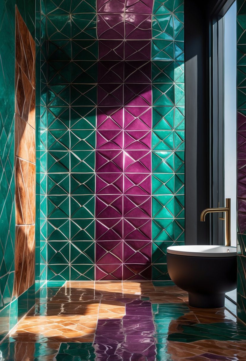 A bathroom interior featuring colorful glazed clay tiles in deep green, blue, red, and purple tones covering the walls and floor.