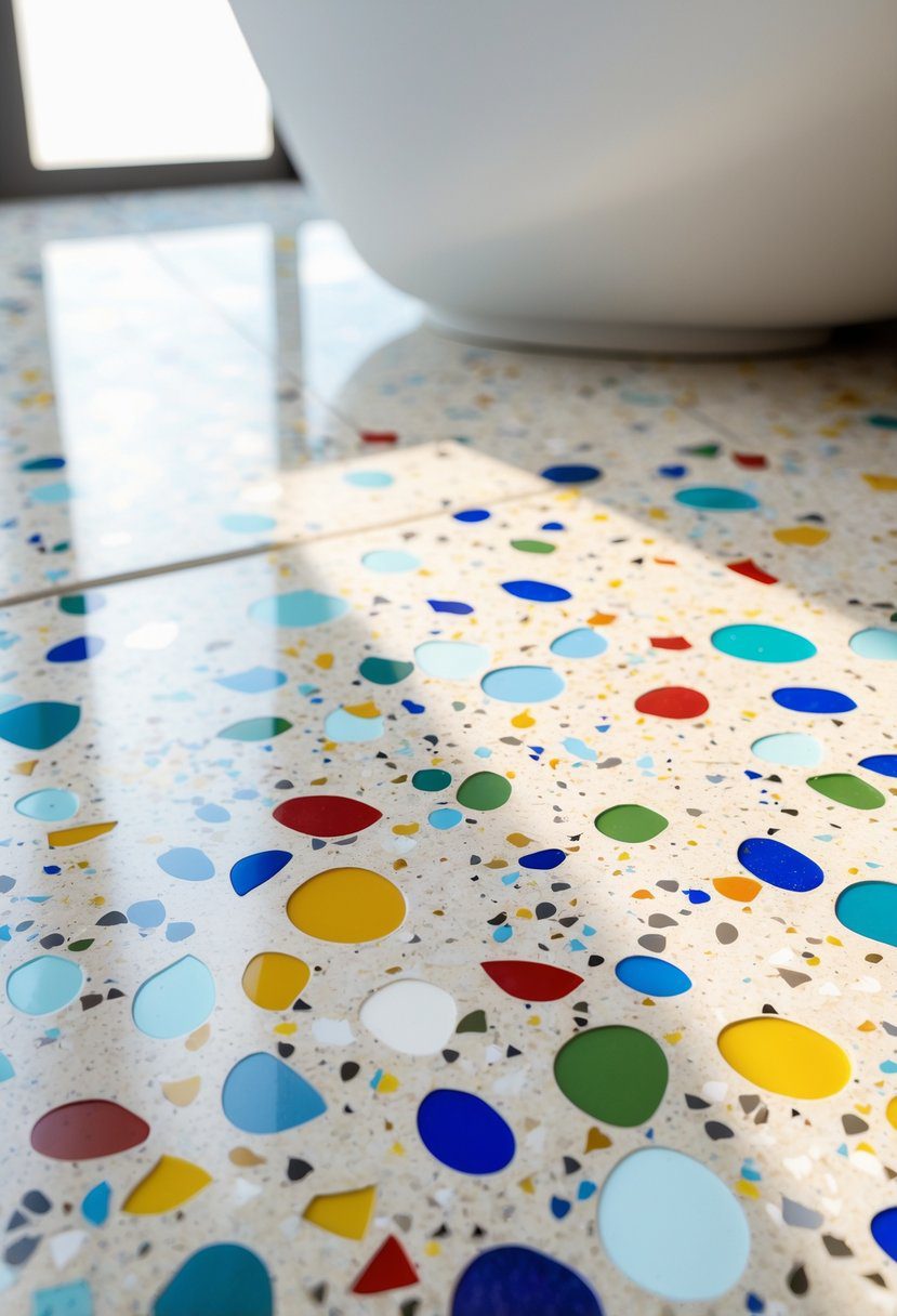 Close-up view of terrazzo bathroom floor tiles with colorful chips scattered across the surface.