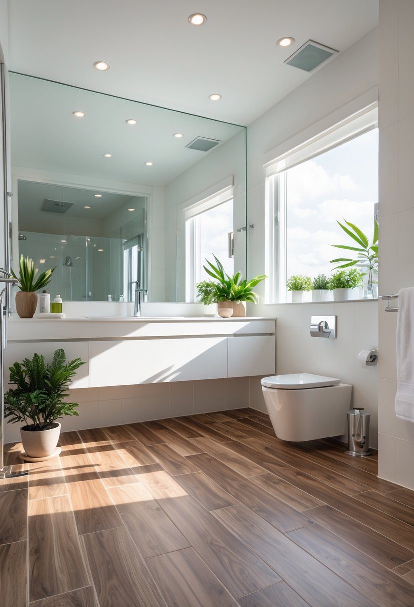 A modern bathroom with wood-look porcelain tile flooring, white walls, a vanity with a mirror, and natural light coming through a window.