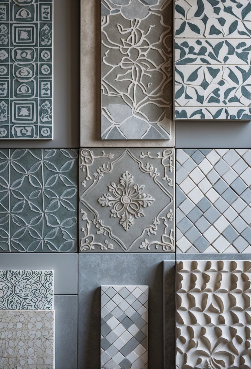 A collection of matte finish cement tiles with various patterns displayed as bathroom tile samples.