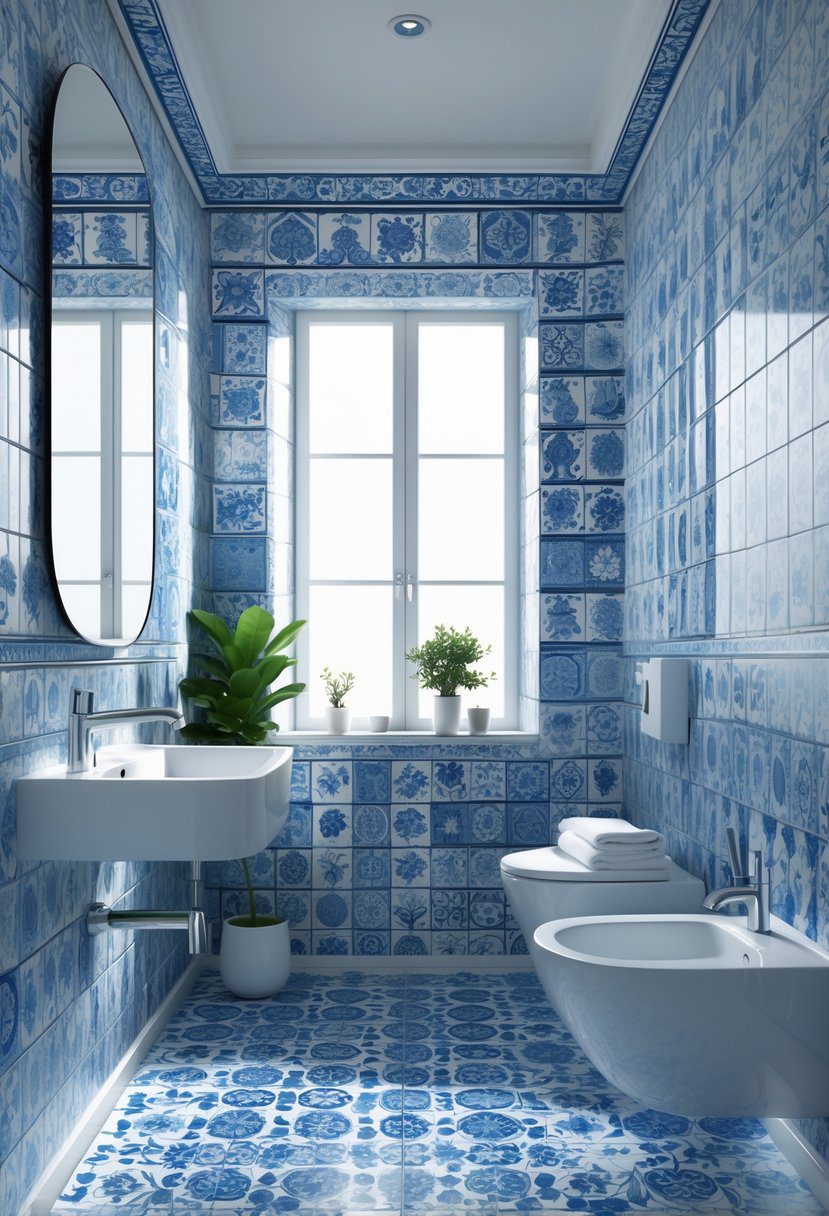 Bathroom interior with blue and white patterned tiles on the walls and floor, featuring a white sink and mirror.