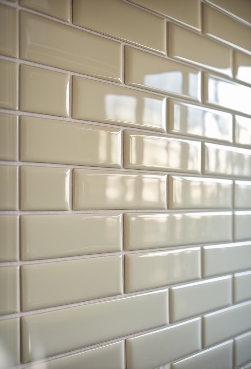 Close-up view of a bathroom wall covered with glossy cream-colored elongated subway tiles arranged in a horizontal brick pattern.