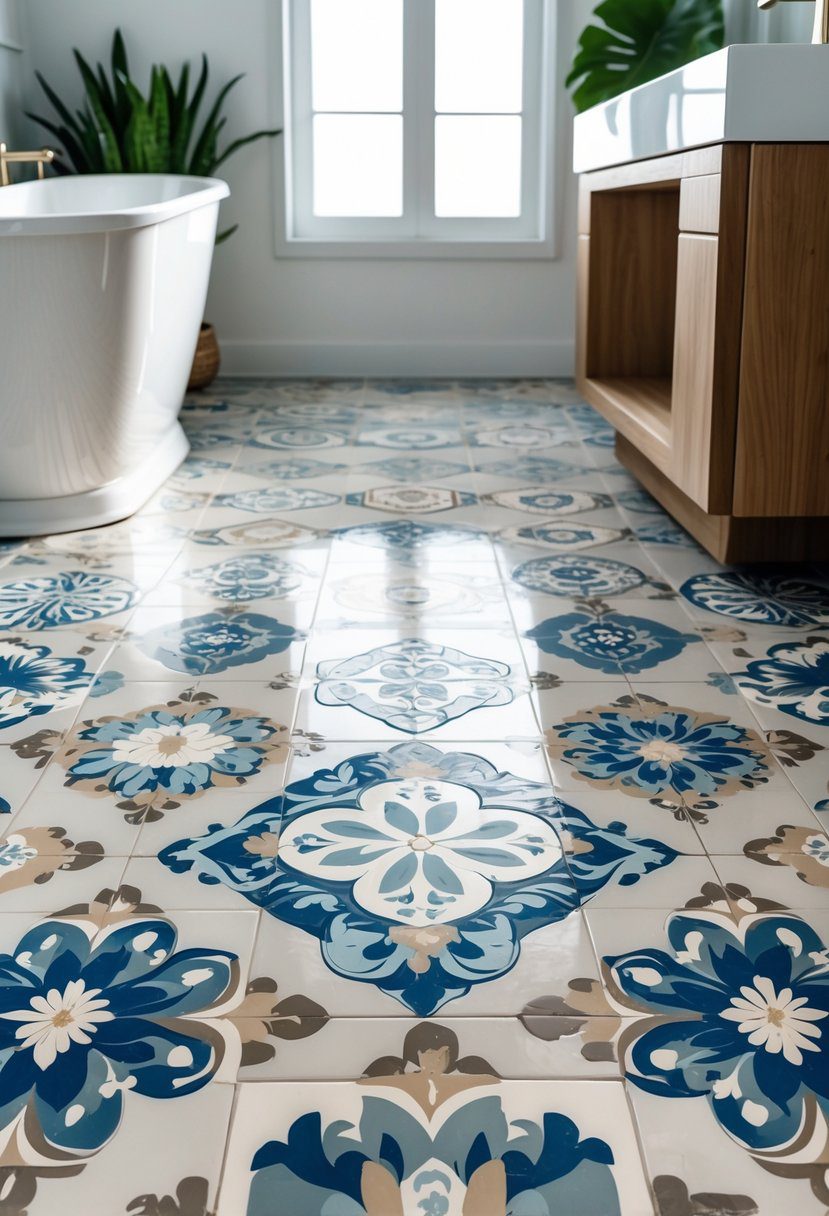 A bathroom floor covered with colorful patterned encaustic tiles next to a white bathtub and wooden vanity.