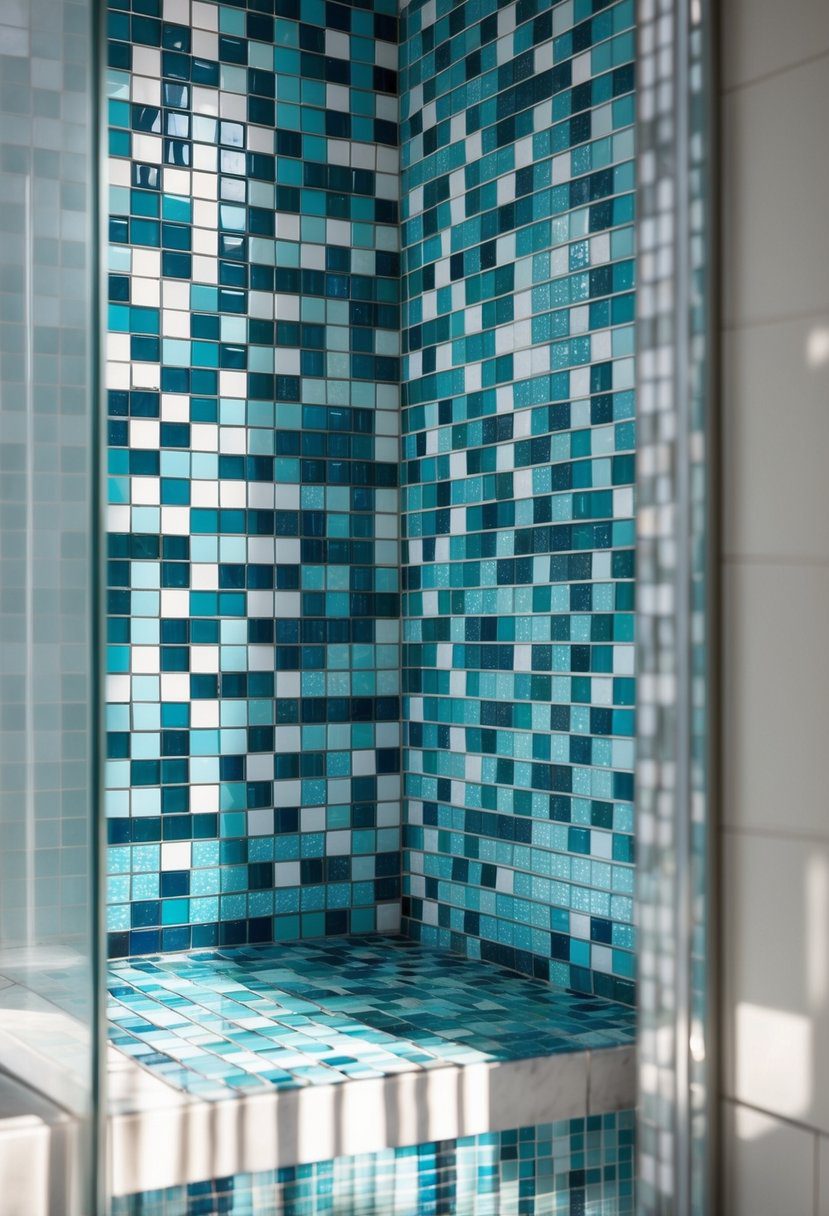 Close-up of a bathroom shower niche decorated with colorful glass mosaic tiles.
