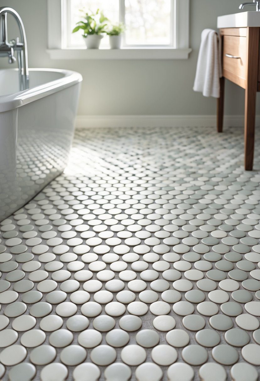 Bathroom floor with round tiles next to a white bathtub and wooden vanity under natural light.