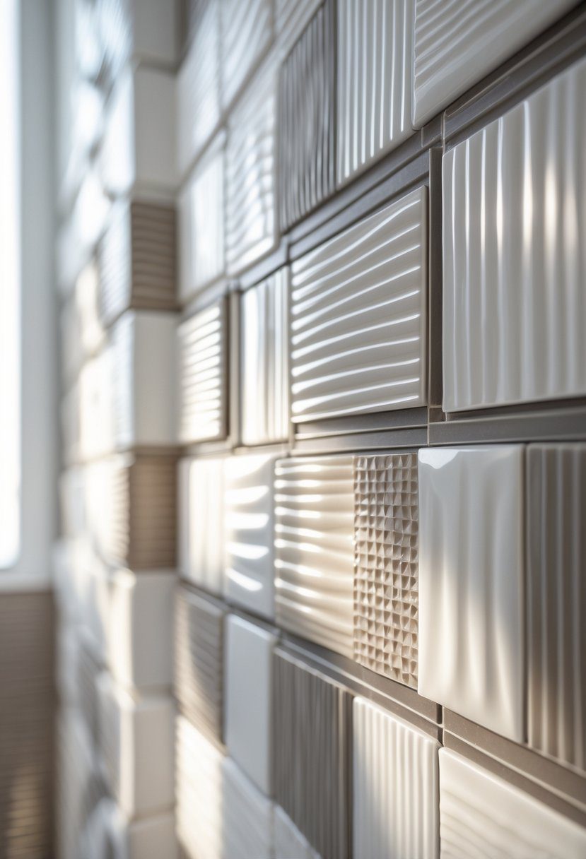 Close-up view of a bathroom wall covered with textured 3D tiles creating depth and pattern.