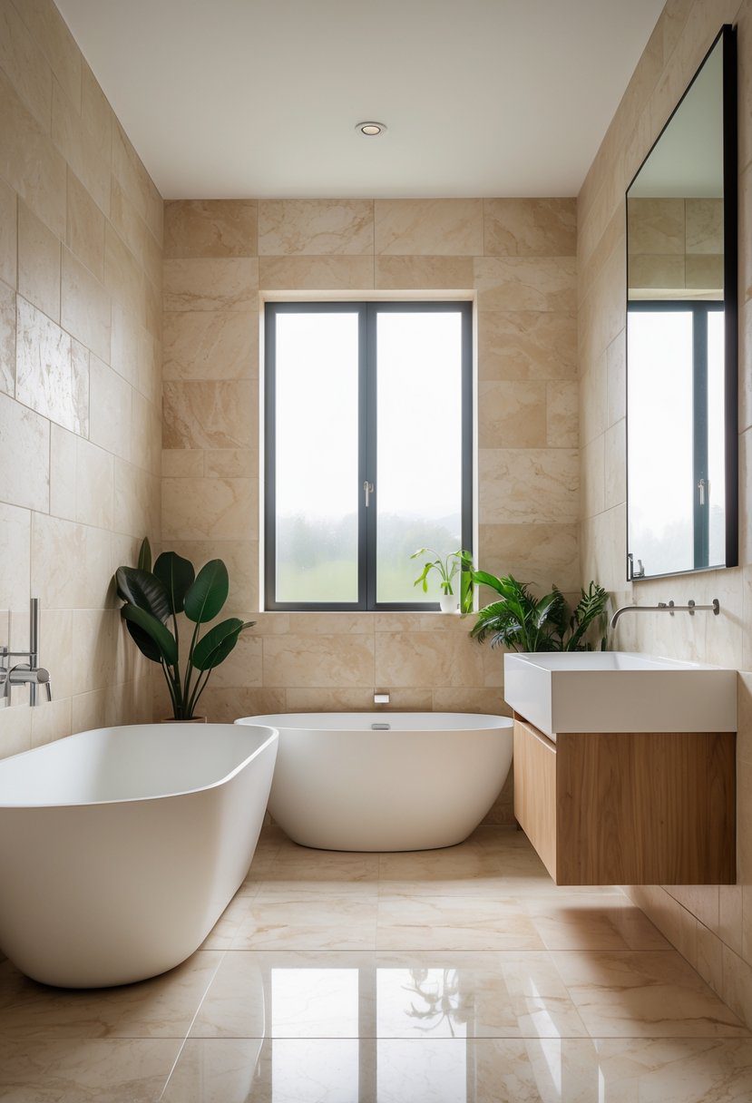 A bathroom with neutral travertine tiles on the walls and floor, a freestanding bathtub, wooden vanity, and natural light coming through a window.