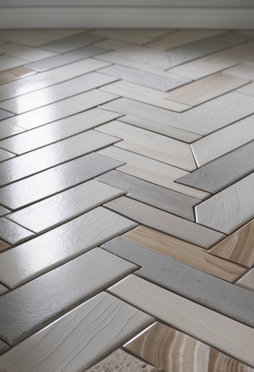 Close-up view of a bathroom floor with ceramic tiles arranged in a herringbone pattern.