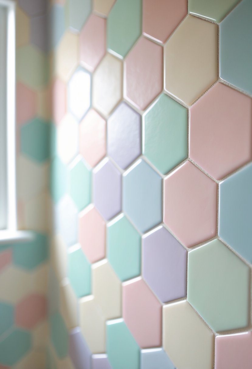 Close-up view of a bathroom wall covered with pastel-colored hexagonal tiles in soft shades of pink, green, blue, lavender, and beige.