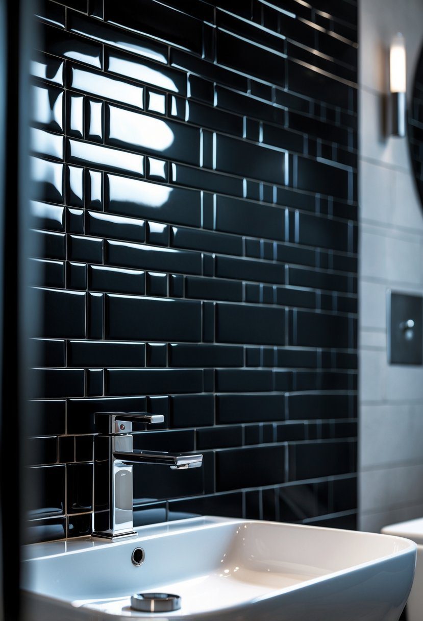 Close-up view of glossy black subway tiles on a bathroom wall with part of a sink and faucet visible.