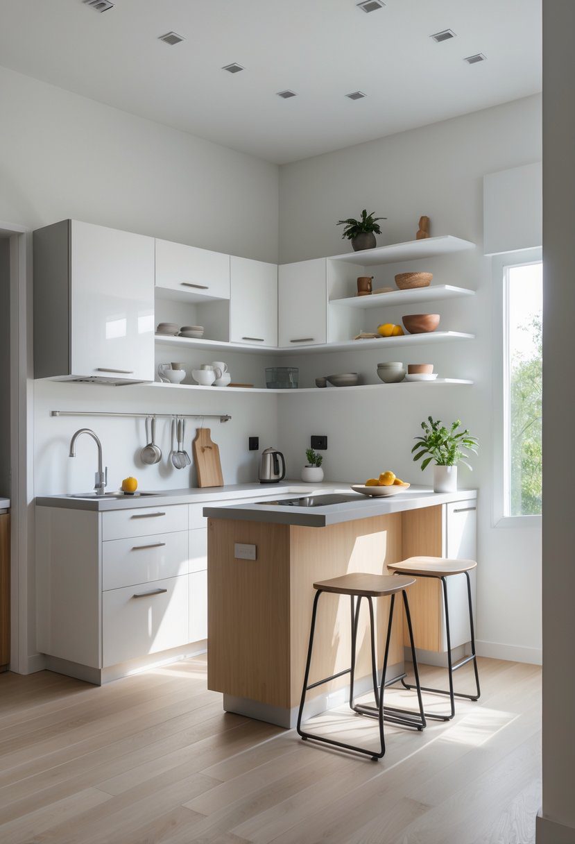 A small kitchen with a compact island featuring a cooktop and seating, surrounded by cabinets, shelves, and modern appliances.