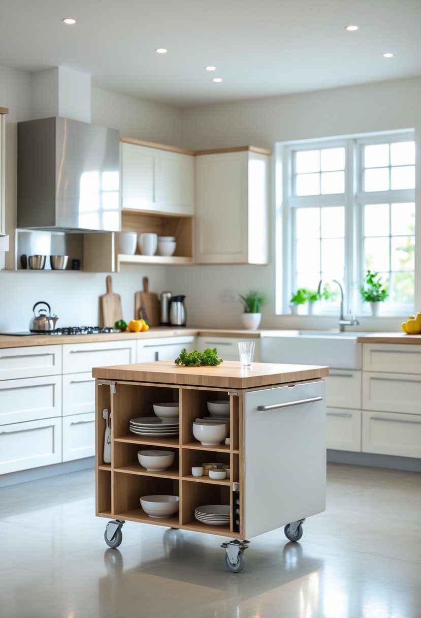 Compact rolling kitchen island with built-in storage in a bright, modern kitchen.