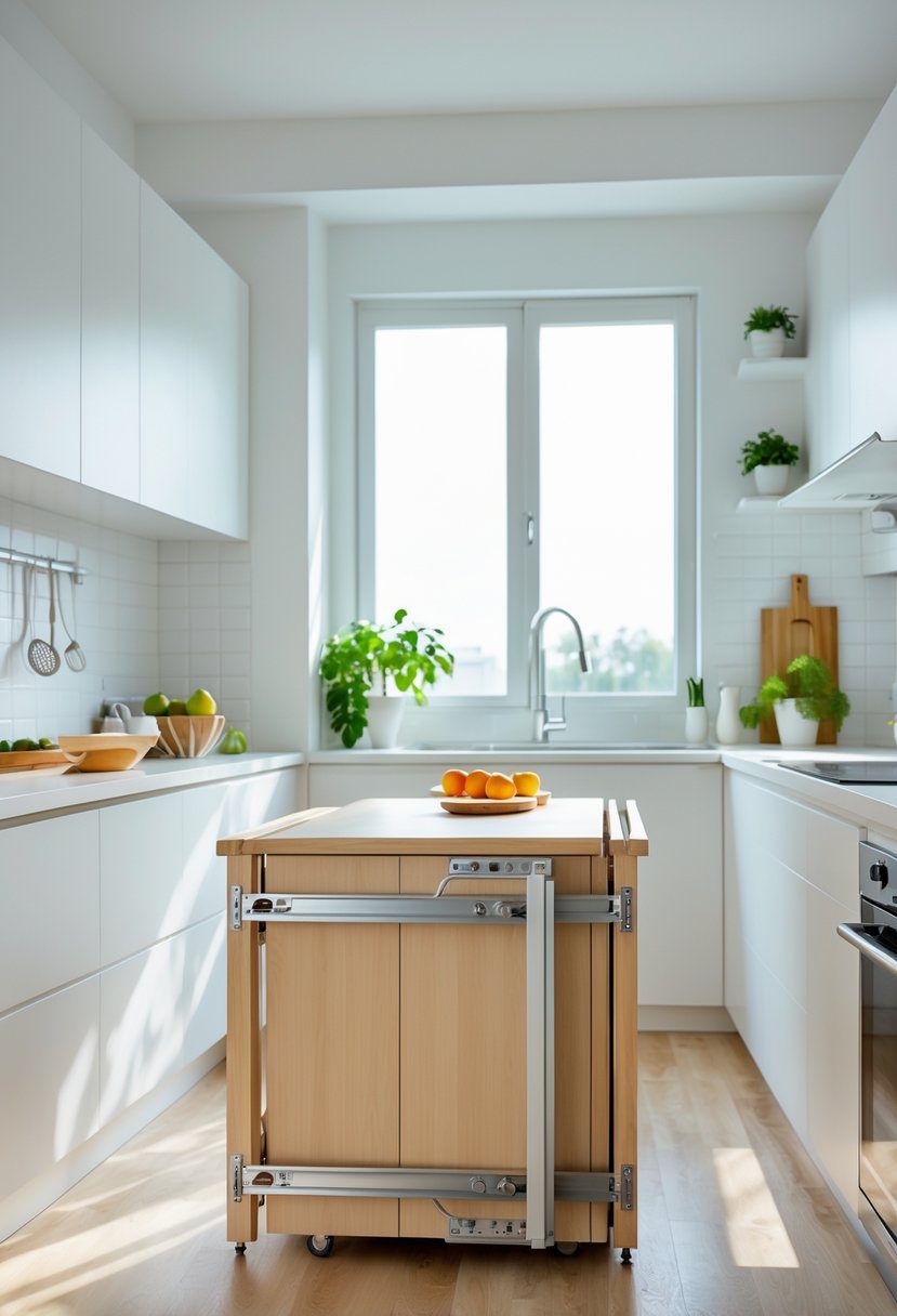 A small kitchen featuring a foldable wooden island table partially folded to save space, surrounded by white cabinets and kitchen accessories.