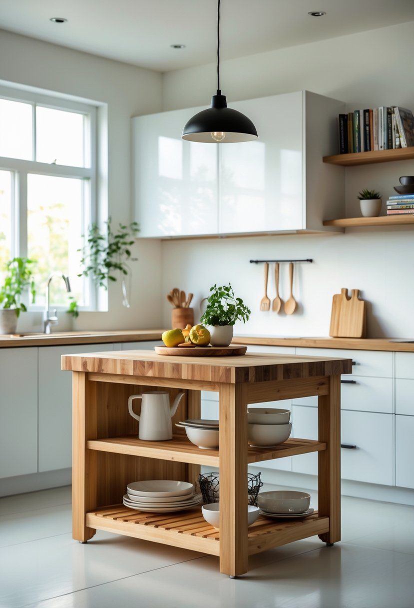 A kitchen with a butcher block topped island featuring open shelves, decorated with plants and kitchen items.