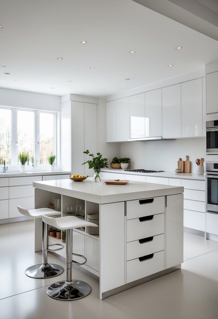 A modern kitchen with a multifunctional island that has seating and storage drawers, surrounded by bar stools and kitchen appliances.