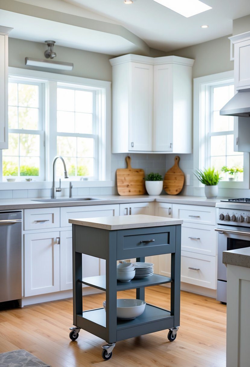 A modern kitchen with a small movable island on wheels in the center, surrounded by cabinets and appliances.