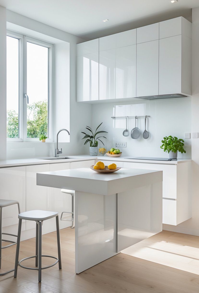 A small kitchen with a floating island that appears suspended above the floor, creating an open and spacious feel.