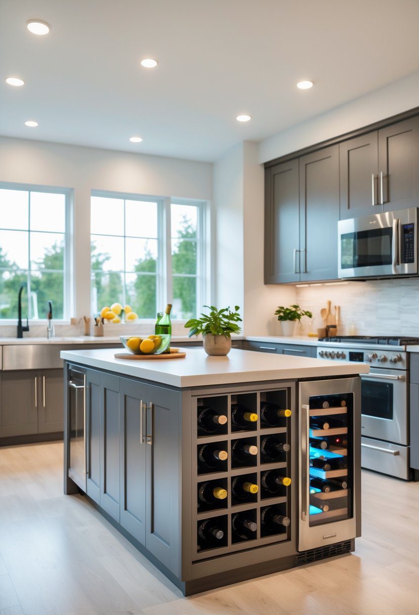 A kitchen with a central island that includes an integrated wine rack holding wine bottles, surrounded by cabinets and appliances.