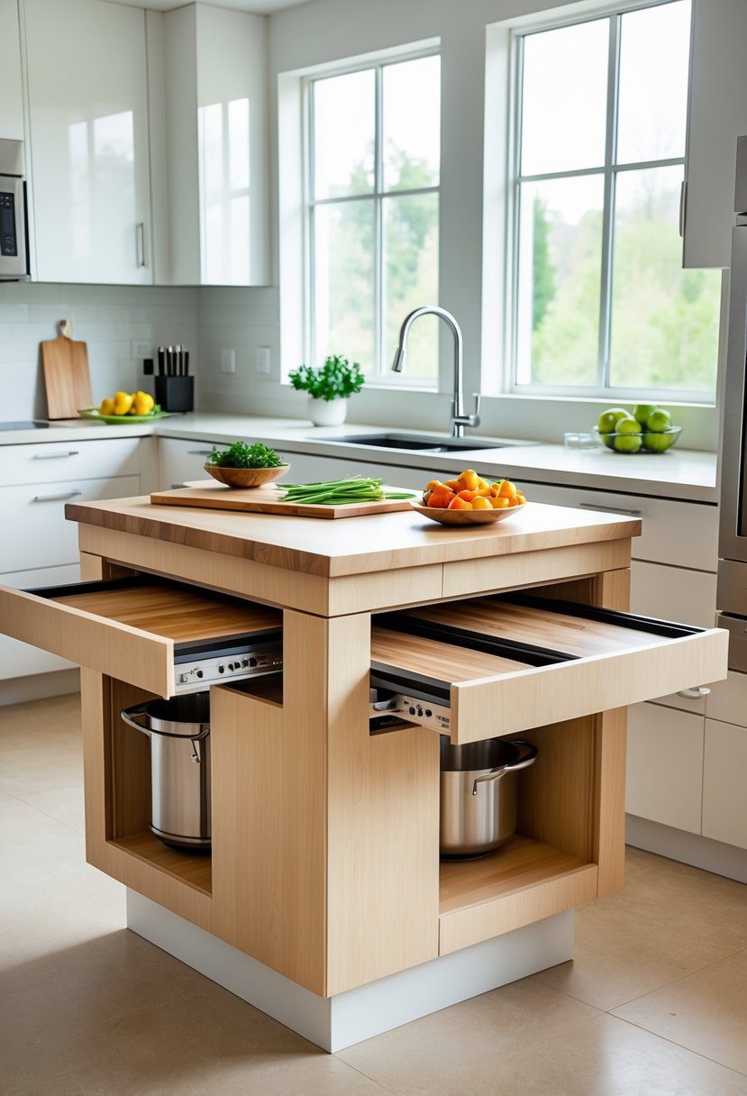 Small kitchen with a compact island featuring pull-out cutting boards and modern appliances.