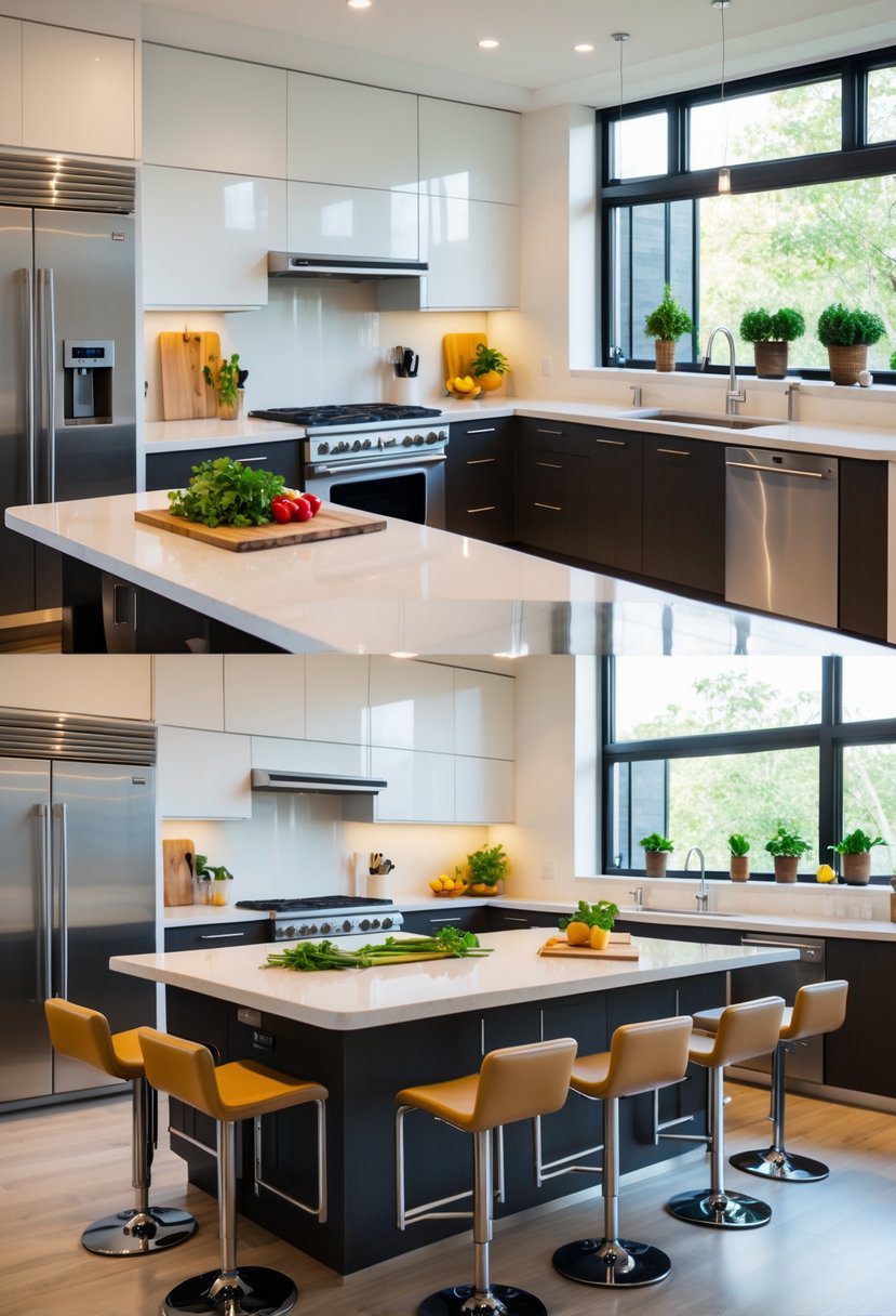 A modern kitchen with a large two-tier island featuring a prep area above and seating with bar stools below.