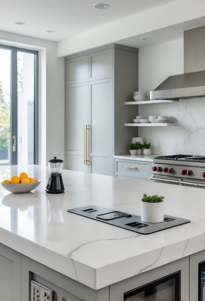 A bright kitchen with a large island featuring built-in power outlets and a charging station, surrounded by modern appliances and kitchen accessories.