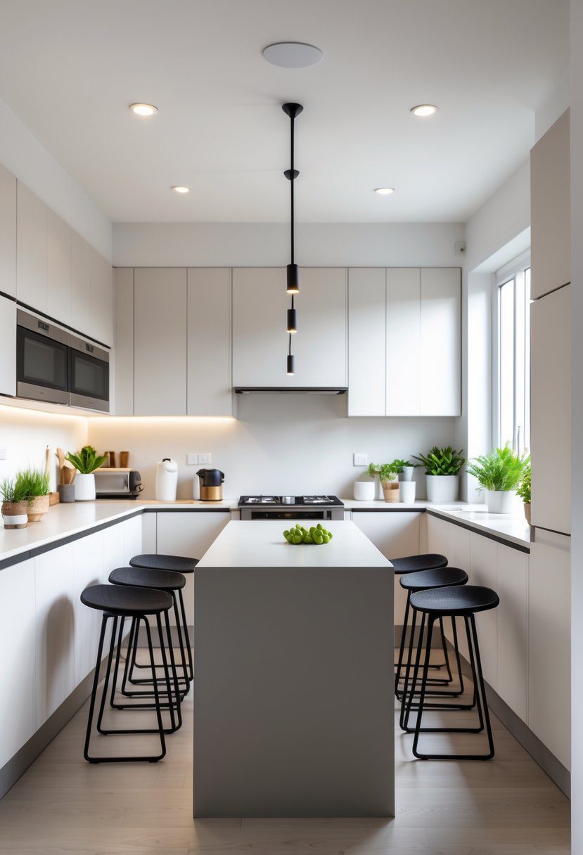 Slim rectangular kitchen island with bar stools in a small kitchen.
