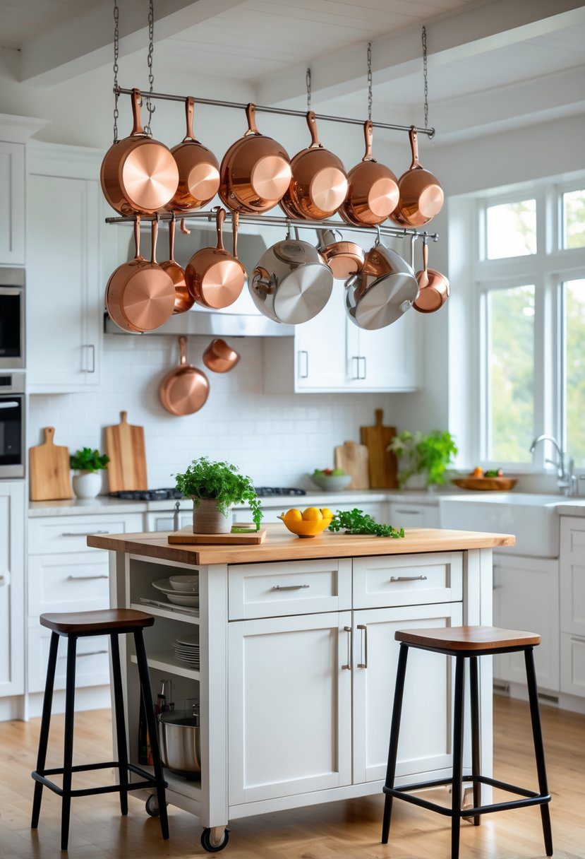 A kitchen with a central island cart topped with wood and hanging racks holding pots and pans.
