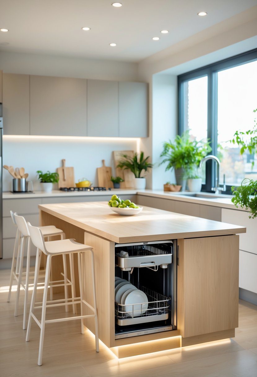 A modern kitchen with a light wood island featuring a compact dishwasher built under the counter, surrounded by bar stools and contemporary cabinetry.