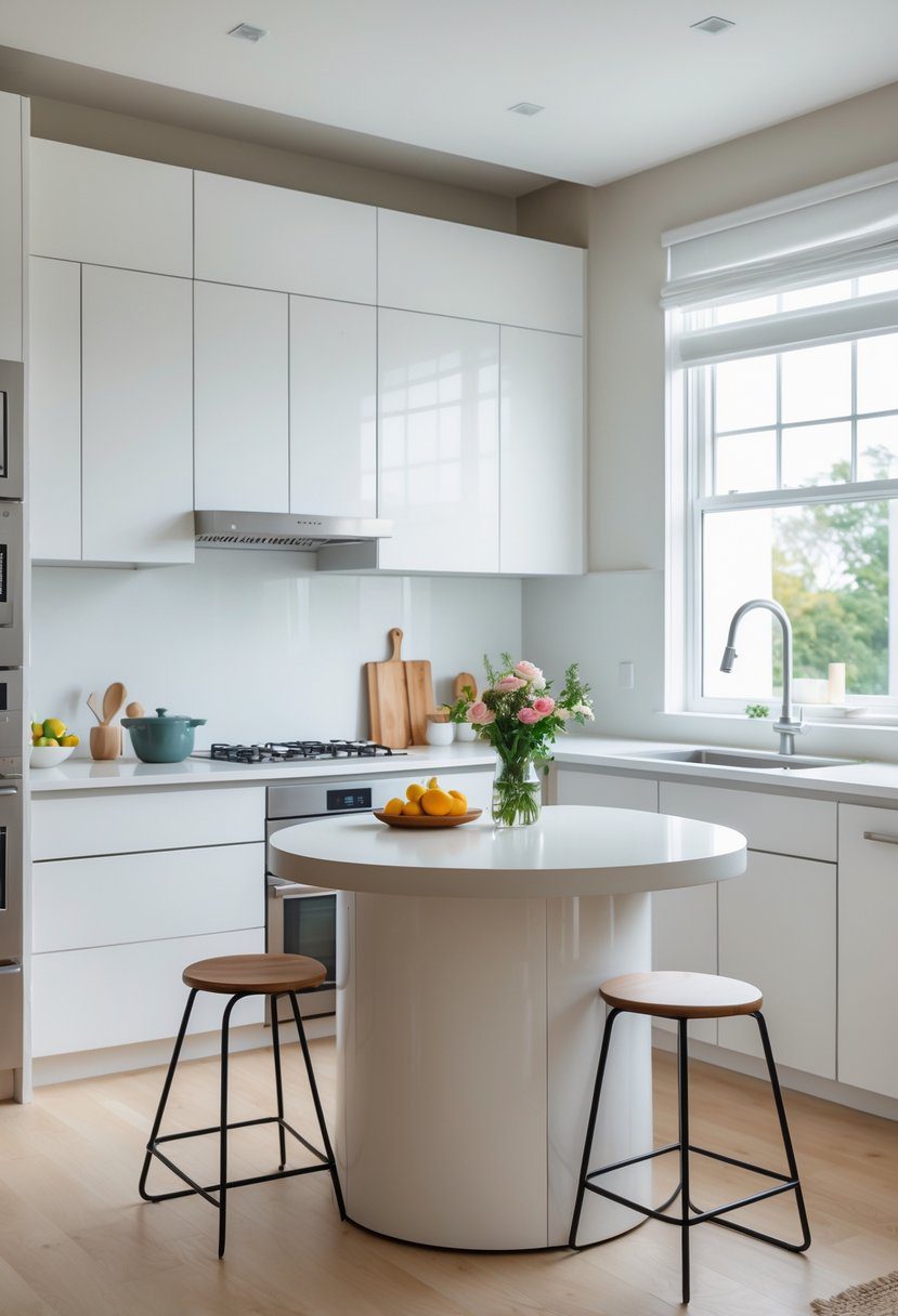 Small kitchen with a round kitchen island in the center, surrounded by white cabinets and stainless steel appliances.