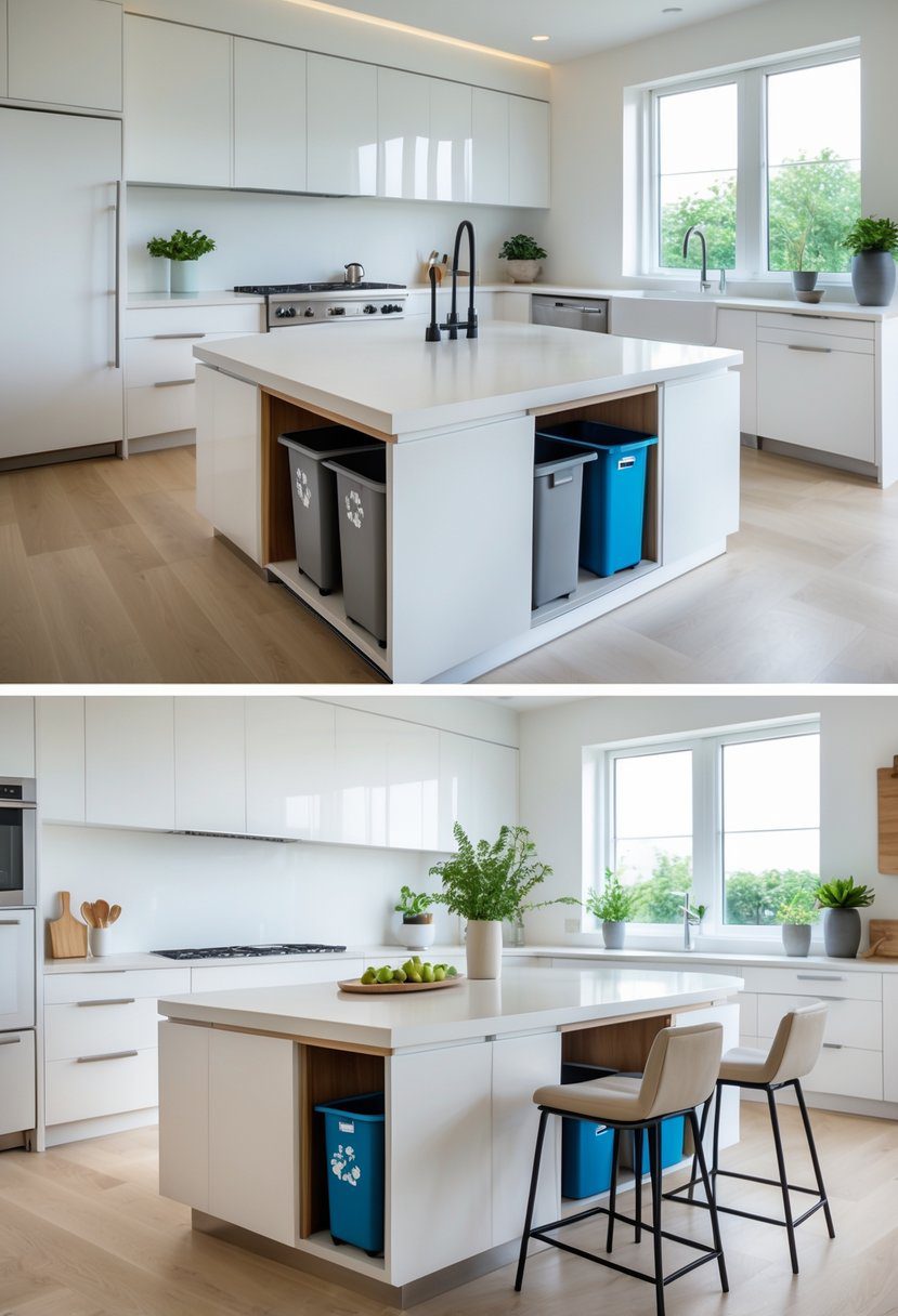 A bright kitchen with a large island that has hidden trash and recycling compartments integrated into its cabinetry.