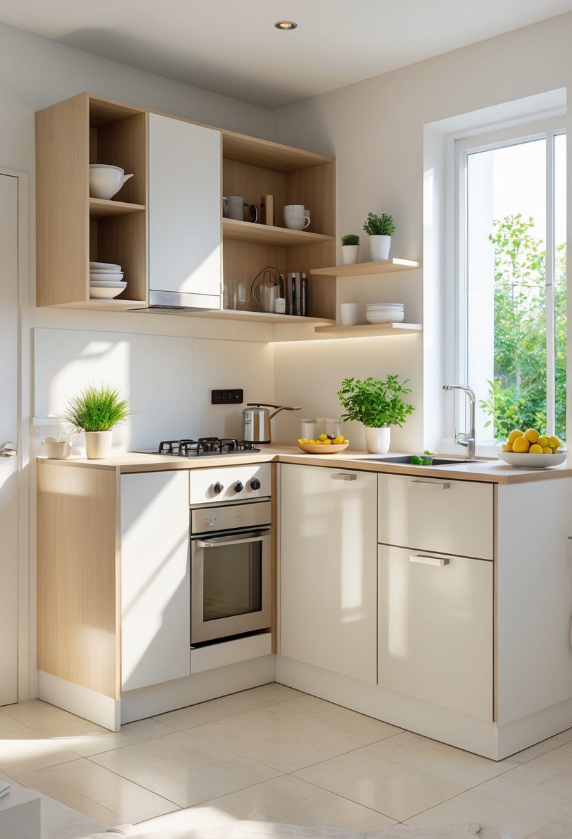 A small kitchen with a corner island that maximizes space, featuring cabinets, appliances, and natural light.