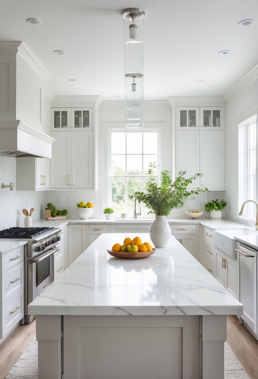A modern kitchen with a central island topped with white marble, surrounded by cabinets and appliances.