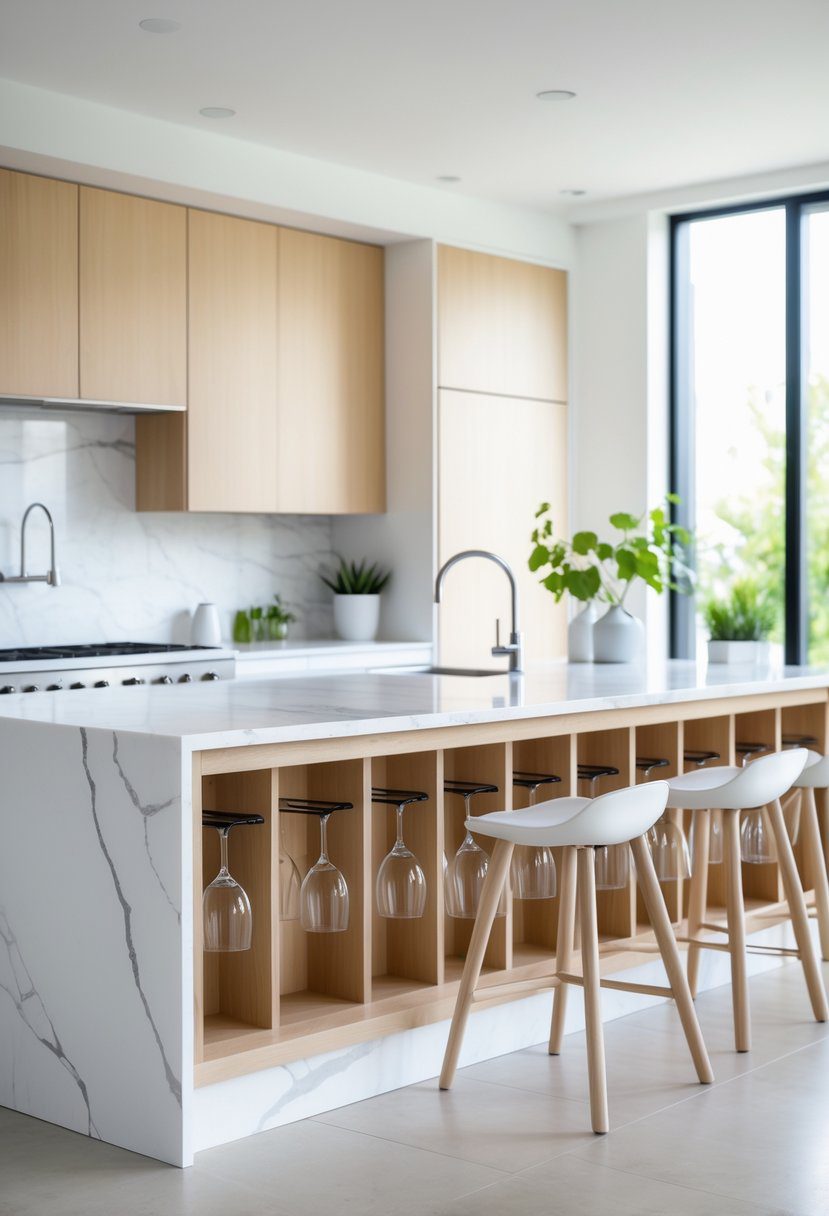 A modern kitchen with a large island featuring open storage for hanging wine glasses beneath the countertop.