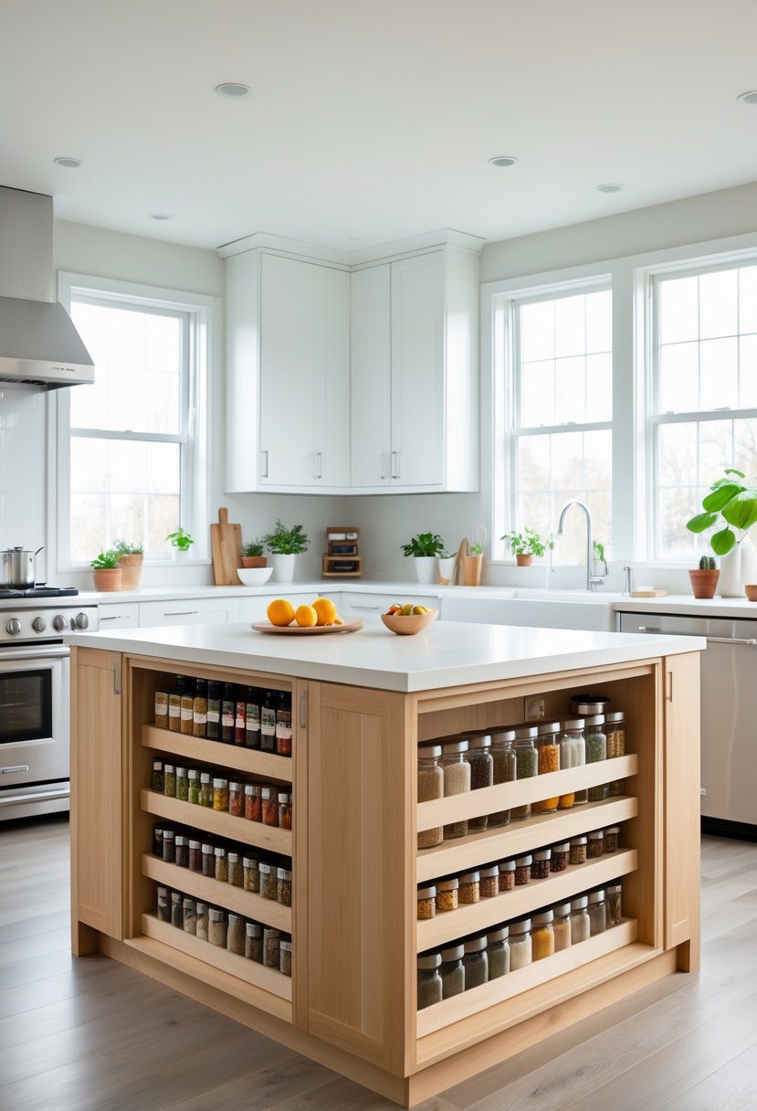 Modern kitchen with a large island featuring hidden spice racks integrated into the sides, filled with spice jars and surrounded by cabinets and appliances.