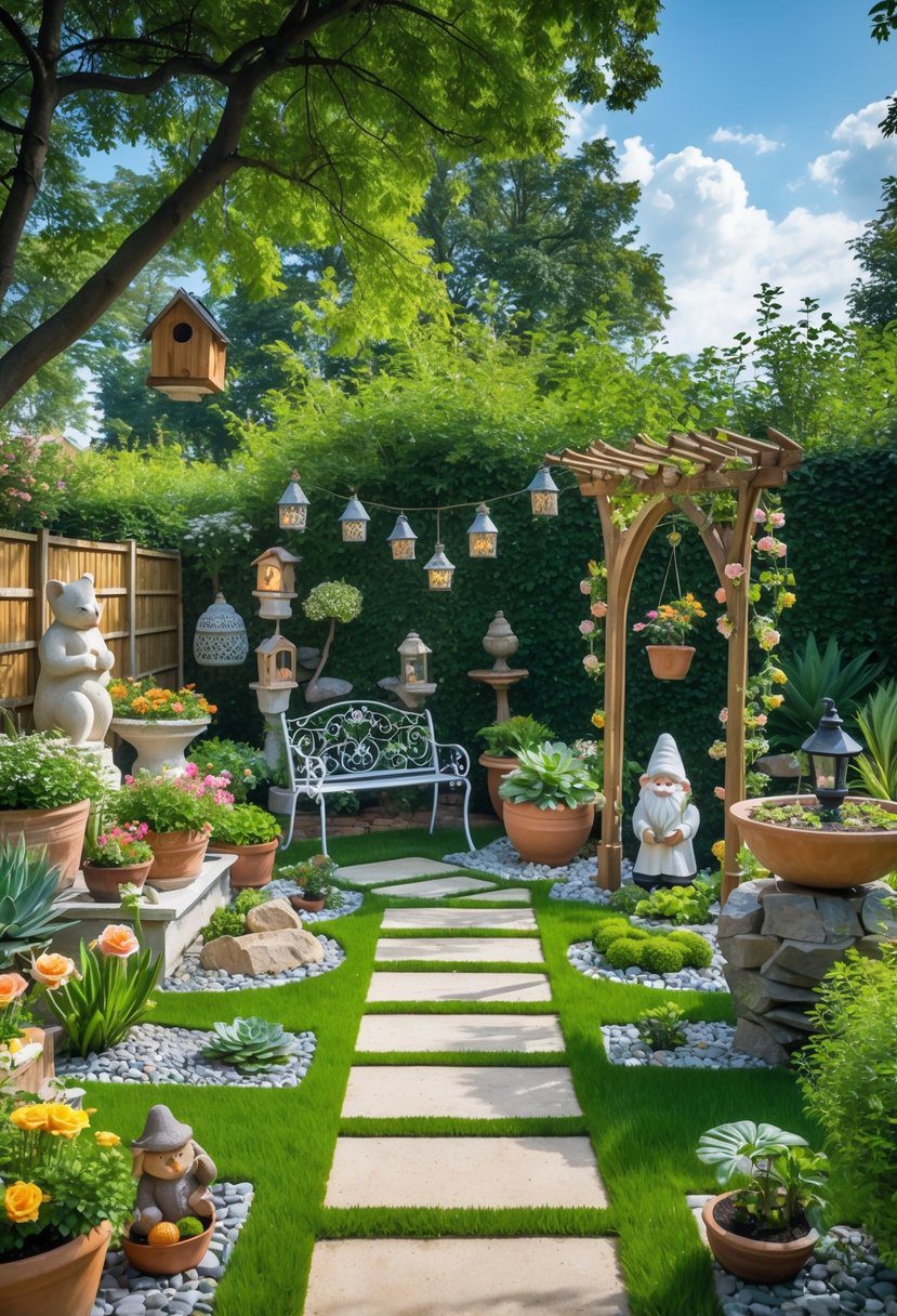 A backyard garden featuring various decorations including flower pots, statues, birdhouses, garden lights, a bench, a water fountain, rock gardens, lanterns, garden gnomes, a garden arch, stepping stones, a wheelbarrow planter, a bamboo trellis, and shaped topiary plants.