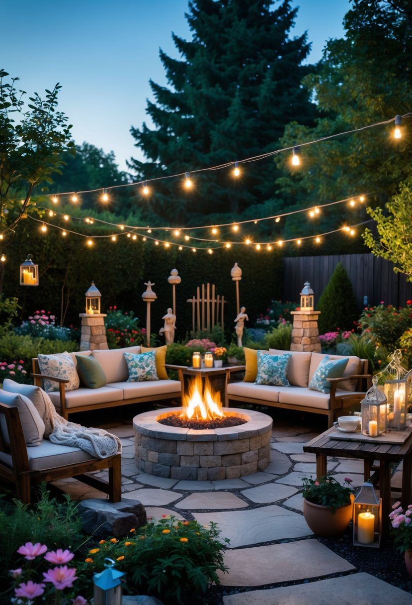 A cozy outdoor fire pit area surrounded by chairs and garden decorations in a lush garden setting.