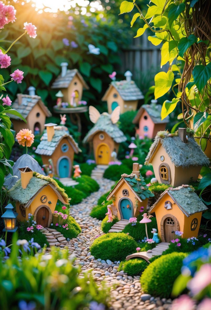 A garden filled with fifteen small, detailed fairy houses surrounded by flowers, plants, and decorative garden elements.