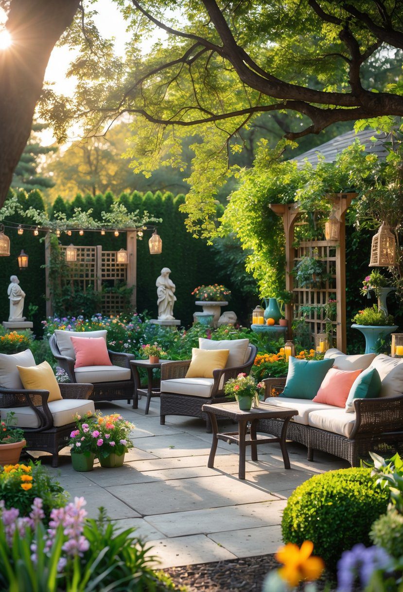 Outdoor garden with comfortable seating, surrounded by plants, flowers, and decorative elements.