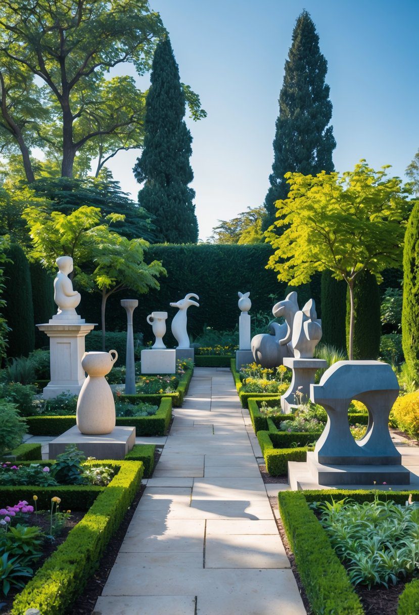 A garden with fifteen different sculptures placed among flowers, shrubs, and pathways under a clear sky.