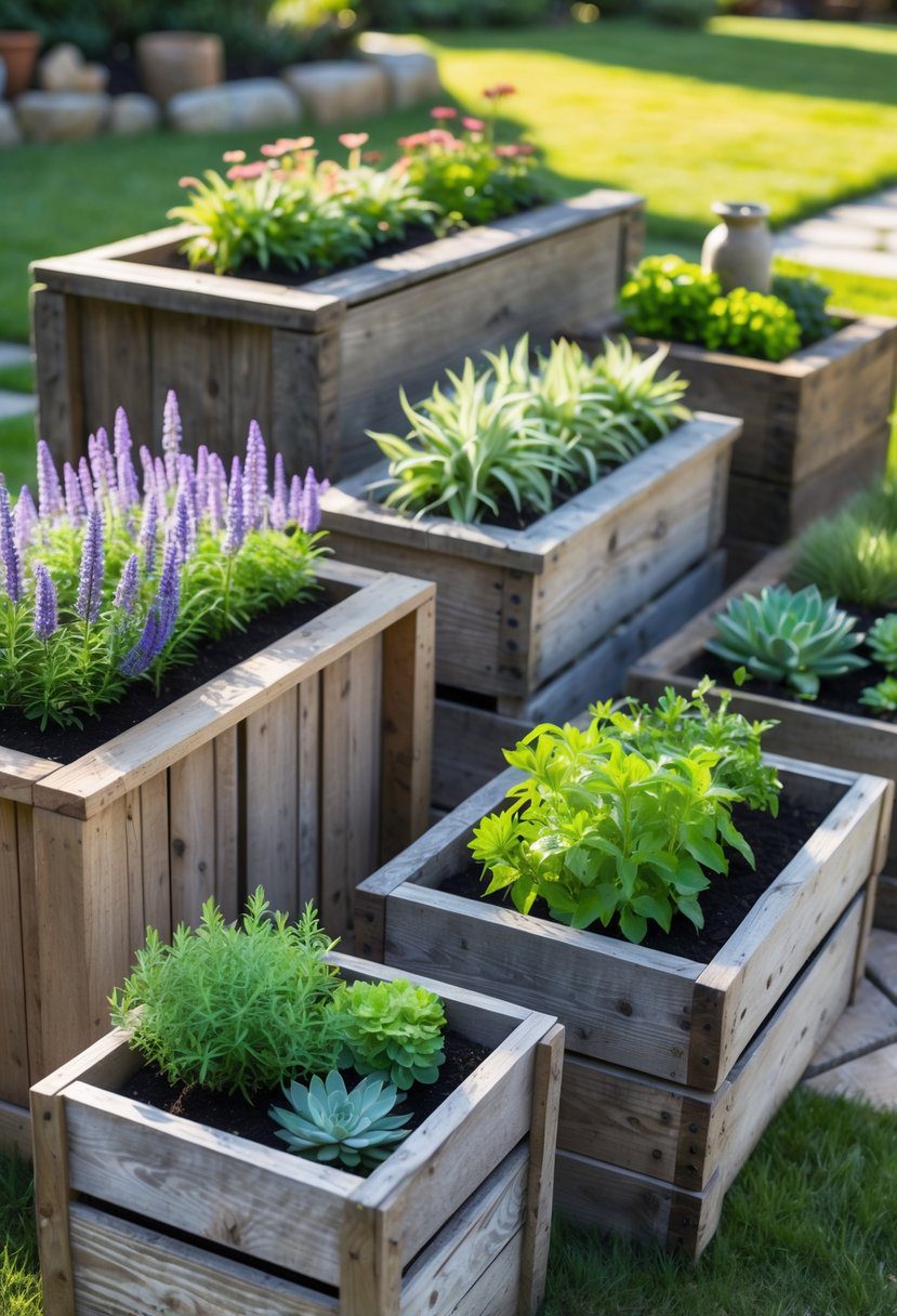 Various rustic wooden planters filled with green plants and colorful flowers arranged in a garden setting with grass and stone pathways.